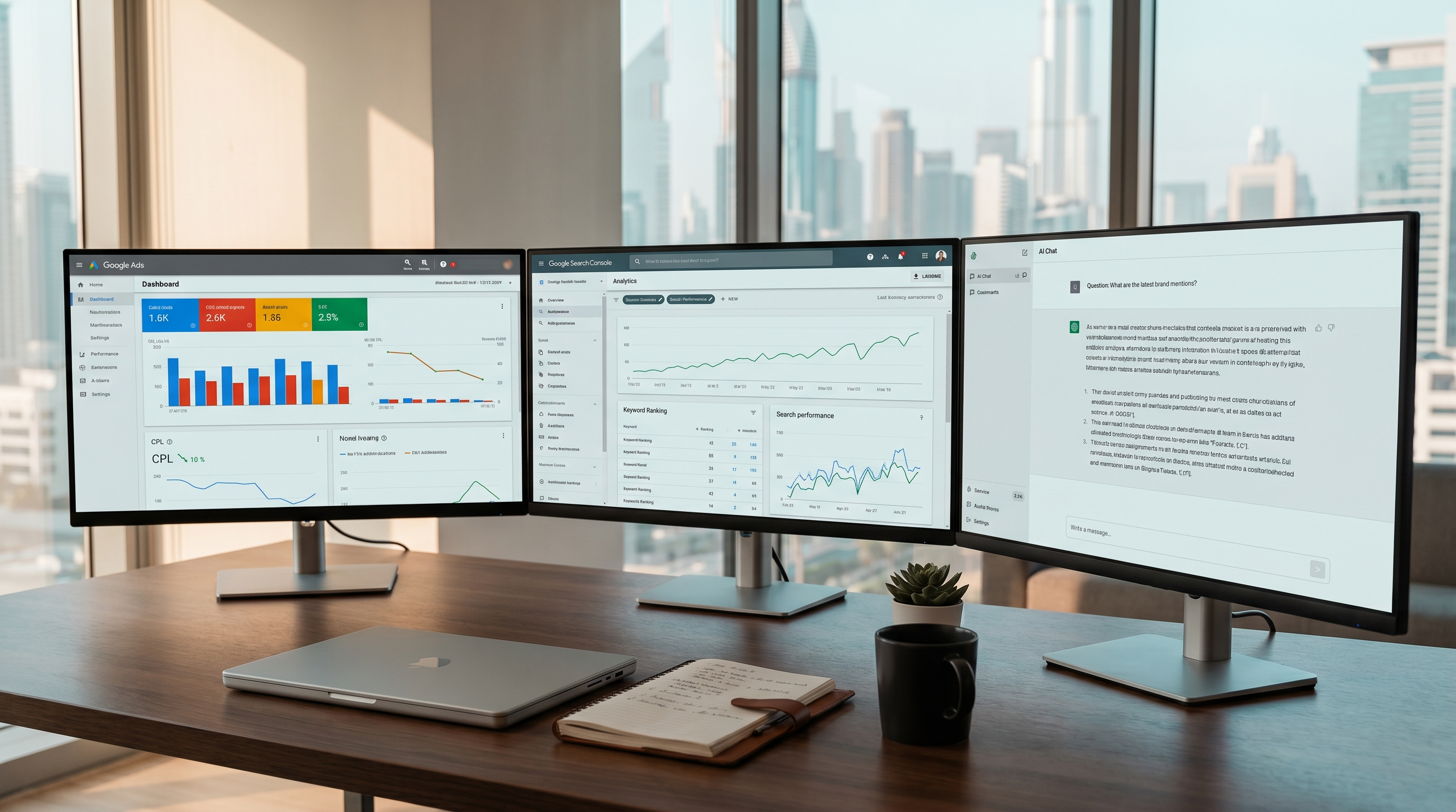 A Dubai operator workspace — Google Ads, Search Console, and AI chat dashboards across three monitors